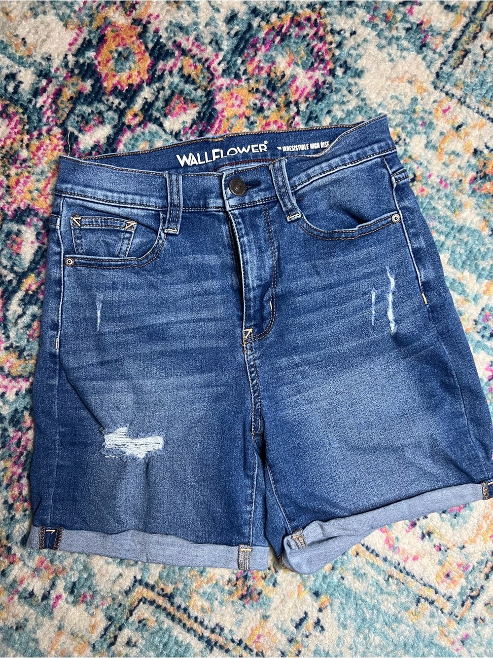 WallFlower Distressed Denim Jean Shorts in Blue